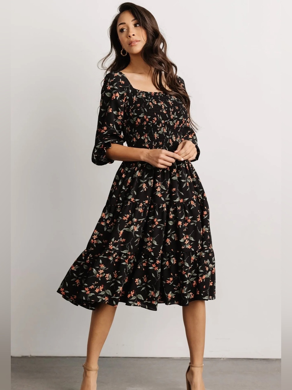 Baltic Born Black Orange Floral Smocked Tiered Midi Dress Square Neck Size M